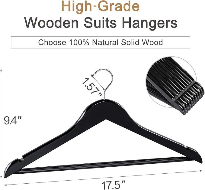 TOPIA HANGER Wooden Coat Hangers 30 Pack, Black Wood Suit Hangers with Non Slip Pants Bar, 360° Swivel Hook and Shoulder Notches for Camisole, Jacket, Pants, Smooth Finish Clothes Hangers -CT34B30