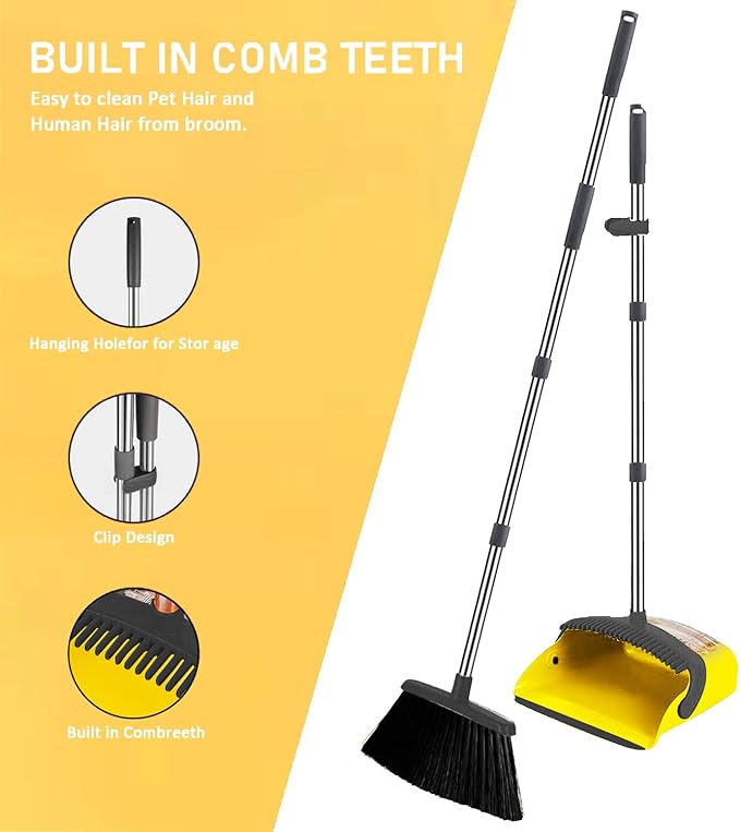 2-Pack is More economical,Brooms with Dustpan Combo Set， with 52" Long Handle, Dustpan Teeth with self-Cleaning Function, Indoor and Outdoor Sweeping, Perfect for Home Office(Large/Yellow /2-Pack).