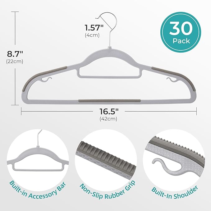 HOUSE DAY Quality Plastic Hangers 30 Pack, Non Slip Plastic Clothes Hangers Gray, Ultra Thin Hangers with 360° Swivel Hook, Heavy Duty Coat Hanger Space Saving, Ideal for Suits, Shirts, Pants