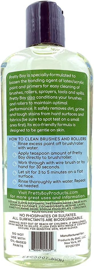 Pretty Boy Paint Cleaner & Conditioner – Eco-Friendly Solution for Cleaning & Conditioning Paint Brushes, Rollers, and Tools – Removes Water-Based Paints, Stains, Primers, and More (8.8 oz Bottle)