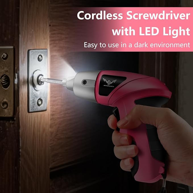 Cordless Screwdriver Rechargeable, Electric Screwdriver Cordless 47pcs, USB Small Power Screwdriver Set with LED Light for Women Home Office DIY Tools, Pink