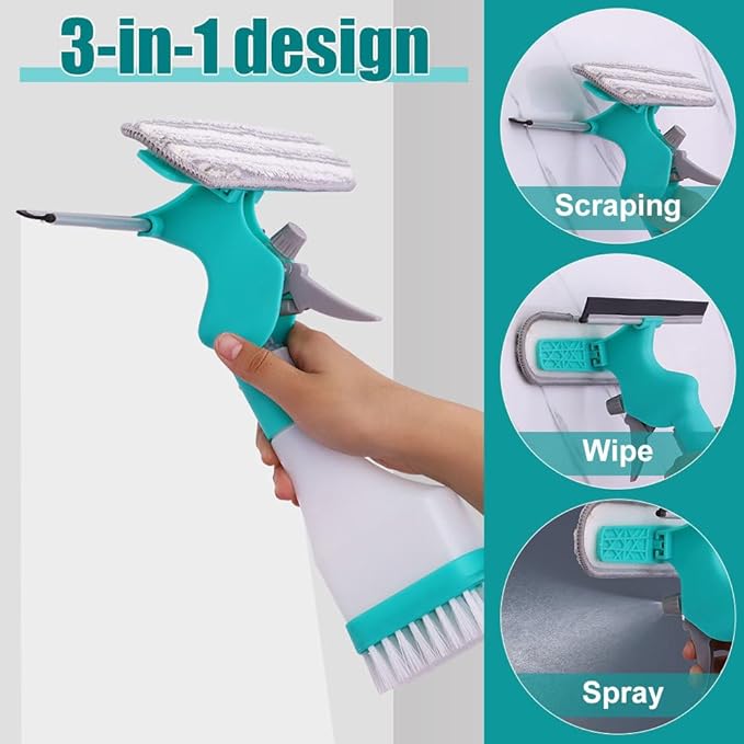 4 in 1 Window Cleaner, Spray Window Squeegee with Spray Bottle & Squeegee & Fabric Washer Head & Brush for Home Car Glass Cleaning