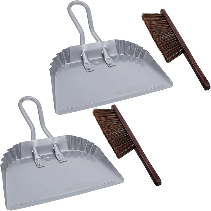 2pcs Metal Dustpan and Brush Set, 12In Extra Large Handheld Dust Pan and Wood Broom,Heavy-Duty Dust Pans Metal Edge Flat Against Floor for Patio/Pet/Car/Outdoor