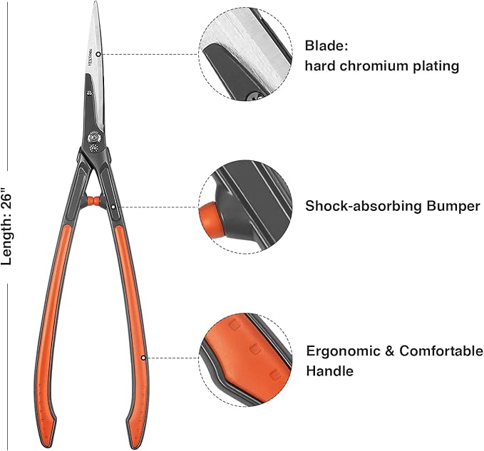 26-Inch Lightweight Straight Blade Hedge Shears, HRC54-56 Mn-steel Cutter with 8mm Cutting Capacity, for Trimming Lawn, Boxwood, Decorative Grasses & Bushes