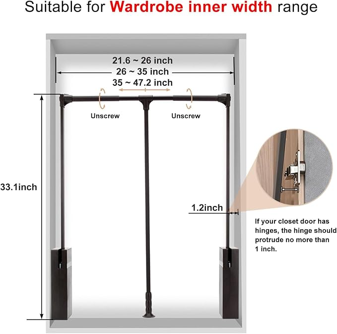 Pull Down Closet Rod for Hanging Clothes, Retractable Wardrobe Hanger for Cabinet Inside Width 21.6"~26", Aluminium alloy Tubing with Plastic Housing, 44 lb Weight Rating