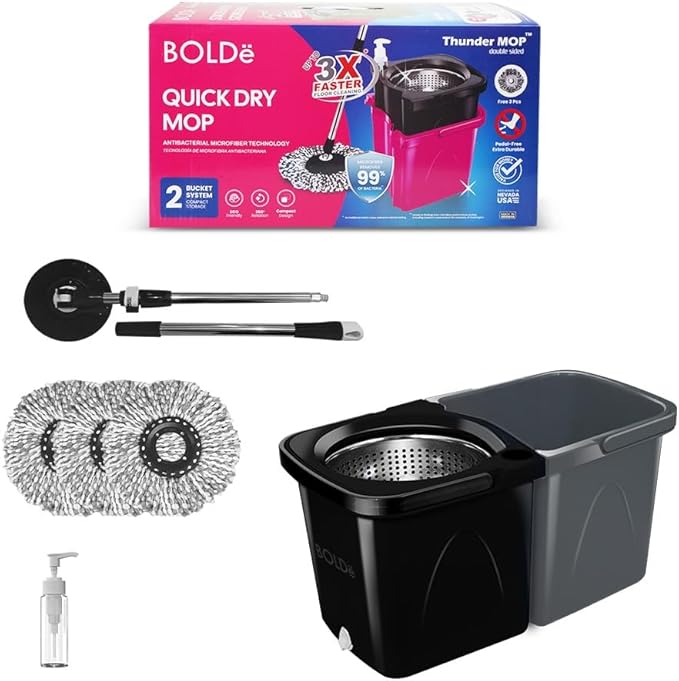 Thunder Mop Spin System - Double-Sided - 2 Compact Stackable 6L Buckets, Microfiber Head, Stainless Steel Wringer, Antifungal Quick-Dry Cleaning, Soap Dispenser, 3 Free Refills (Black/Grey)