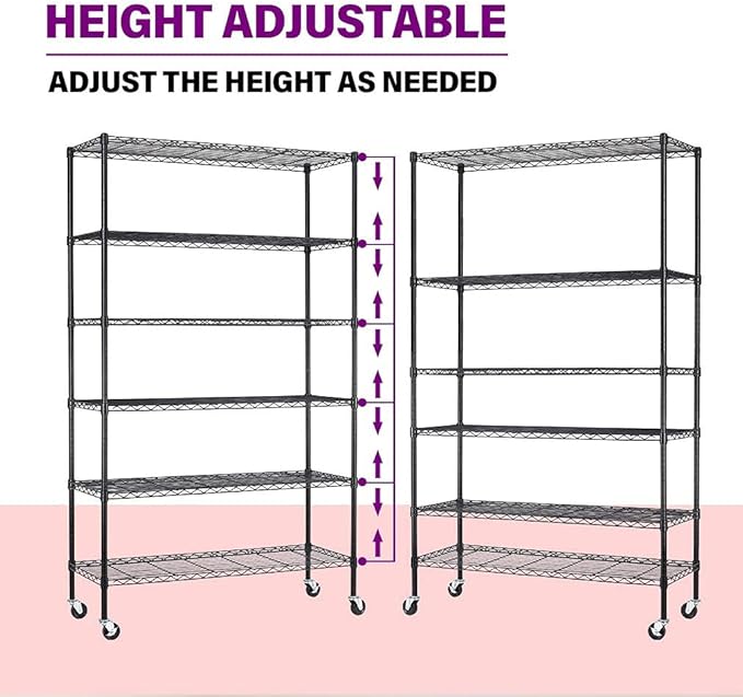 FDW | 6-Tier Wire Storage Shelves with Wheels | 45"x18"x82" | Black | Adjustable Racks | Heavy-Duty Metal Shelf, Holds Upto 2100 lbs | Tool-Free Assembly, Rust-Resistant | for Home & Garage Shelving