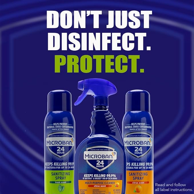 MICROBAN Sanitizing Spray, 15 oz., 2 Pack, Fresh Scent, Disinfects, Sanitizes, Eliminates Odors, and Keeps Killing 99.9% of Bacteria on Hard, Non-Porous Surfaces in Home for up to 24 Hours