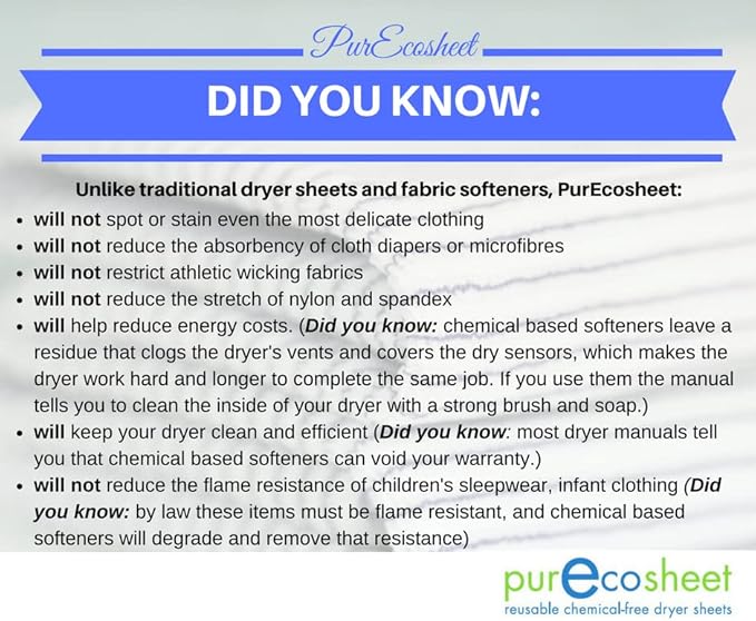 Purecosheet - Reusable Dryer Sheets | Cost effective (500+ loads), Chemical Free & Vegan Dryer Sheet | Safe For Infants & Allergy/Eczema Sufferers | Hypoallergenic | 2 Count