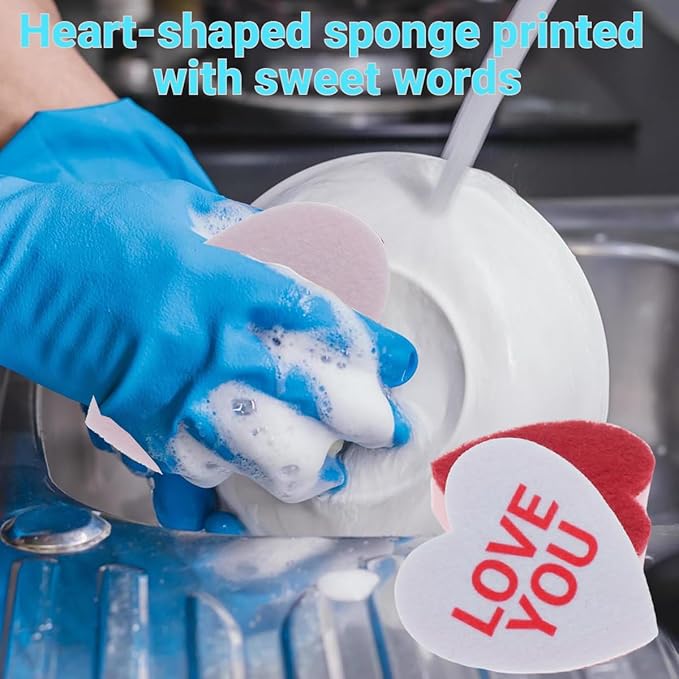 Heart Shaped Sponge with Words, Dual-Sided Kitchen Scrubber for Washing Dishes, Pots, Pans and General Household Cleaning, ‌Multicolour (6 Pack)