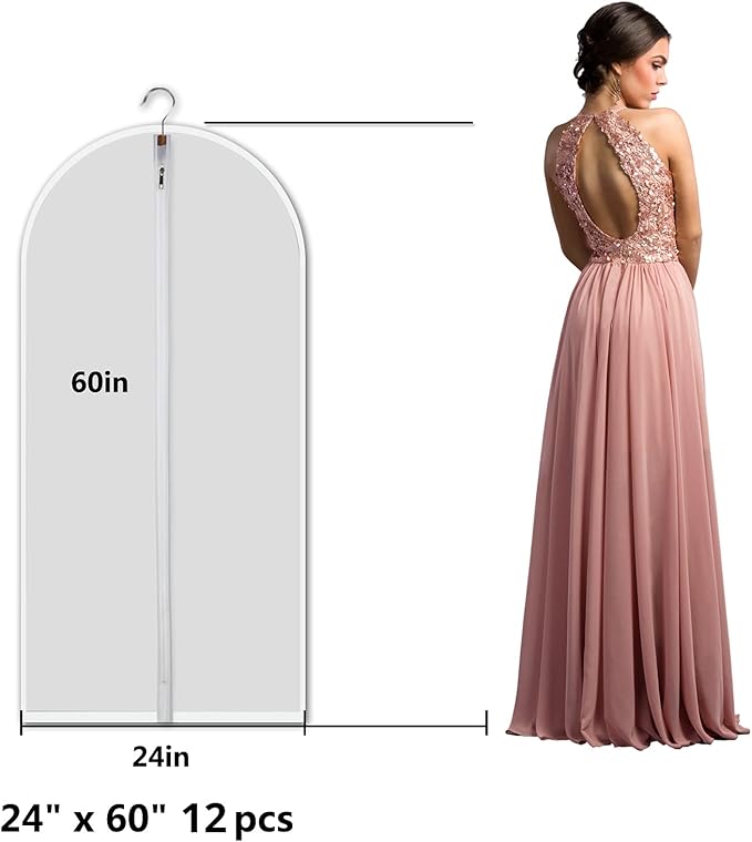 MsKitchen 6 Pack Long Garment Bags (24x60") - Dustproof Gown Covers - Durable PEVA Hanging Bags with Sturdy Zipper for Maxi Dresses, Long Coats & Dance Costumes (Translucent)