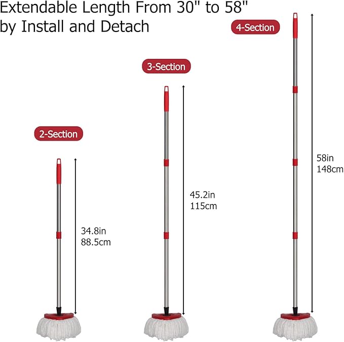 Qulable Spin Mop Replacement Handle - 4-Section 30" to 58" Mop Handle Replacement Stick Compatible with O-Ceda Spin Mop, EasyWring Mop Handle for Floor Cleaning(Mop Head&Base not Include) (Red)