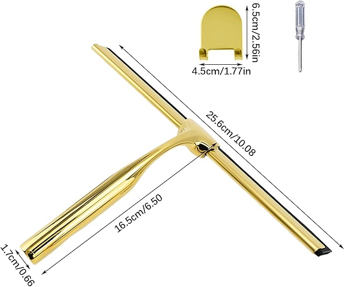 Squeegee for Shower Glass Door, All-Purpose Stainless Steel Squeegee with Adhesive Hooks, Cleaner Tool for Tile Walls, Bathroom, Window, Glass and Car Windshield, Mirrors and Kitchen(10in, Gold)