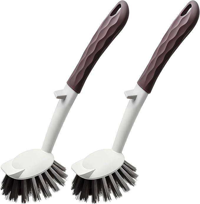 Dish Brush, 2 Pack with Comfortable Handle, with Built-in Scraper, Scrub Brush with Medium Firm bristles for Cleaning Dishes, Sink, Pots (Brown)