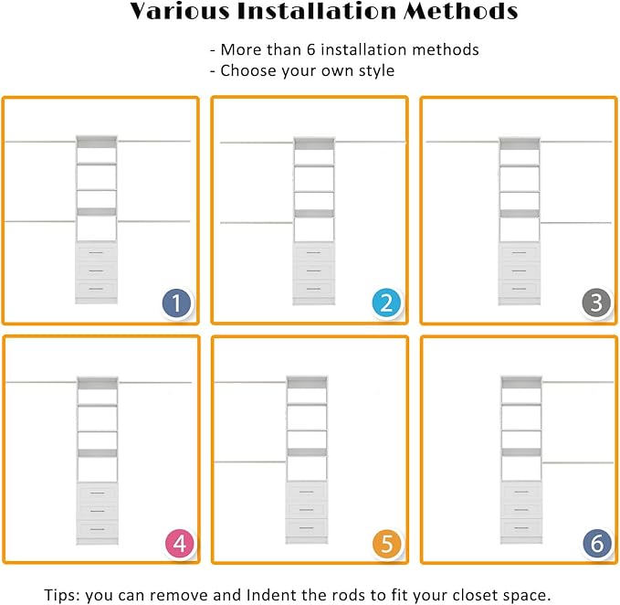 Closet System with Drawers, 5FT-9FT Custom Closet Organizer System 114.9" Walk in Wood Closet Storage System with 4 Expandable Hanging Rods Wall Mount White