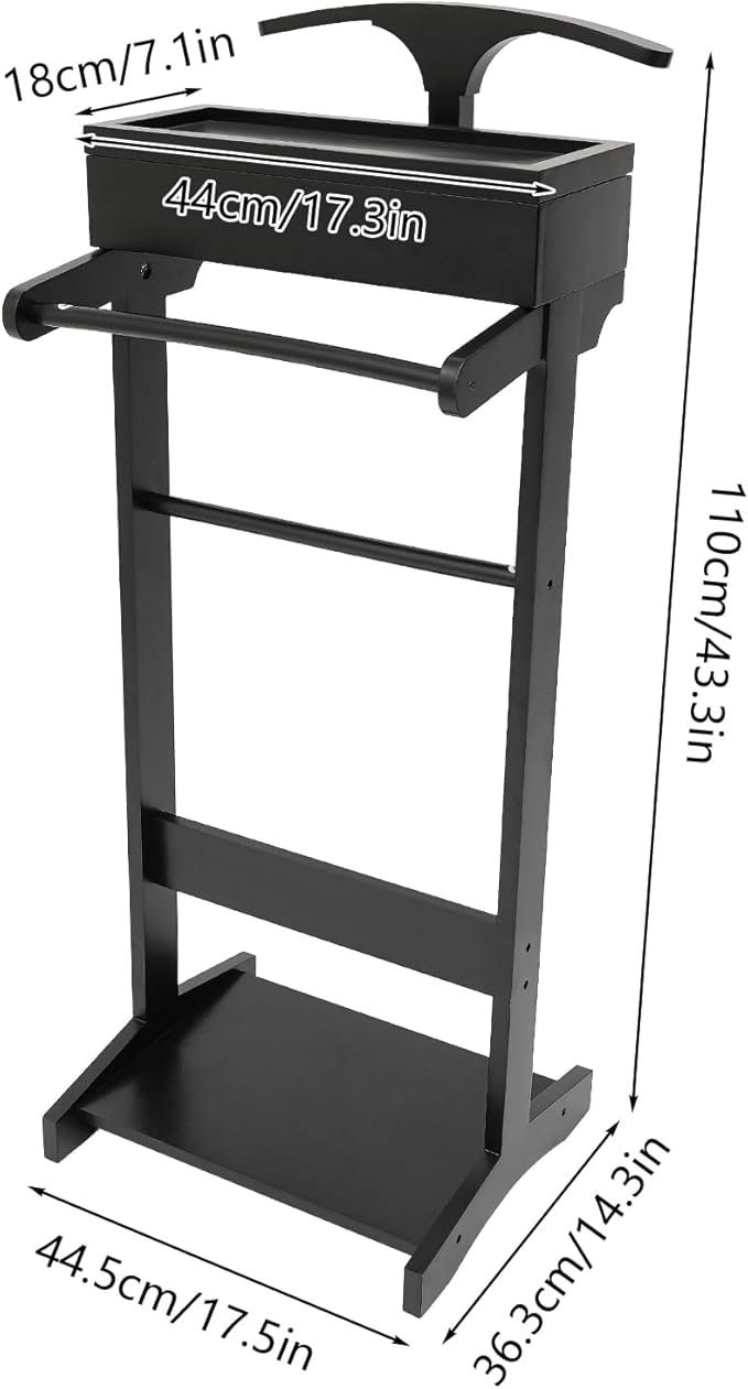 Clothing Rack, Wood Suit Clothes Stand with Drawer, Practical Freestanding Clothes Stand with Top Tray for Men, Women,Organizes Ties, Belts, Shoes, 22Ibs Capacity, Modern Black