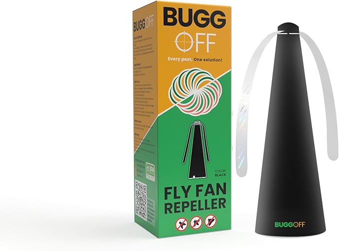 BUGGOFF Black Fly & Flying Insect Repellent Fan with Twin Blades, Table top & Hangable, Battery Powered USB C Chargeable, Cable Included. Safe Blades with Auto Stop. 4 Pack