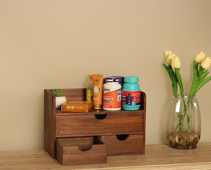 Vintage Rustic Brown Wooden 3 Drawer with Shelf Office Desk Organizer & Mail Rack For Desktop,Box for Office Home makeup holder Toiletries Supplies Vanity, No Assembly Required (Brown)