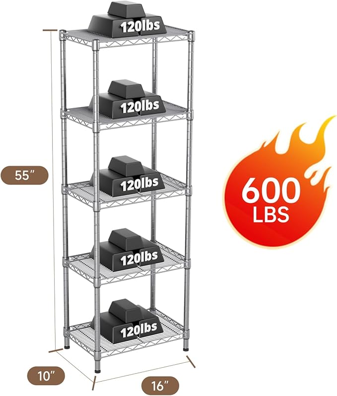Golpart Small 5 tire Shelves Storage Wire Shelving Unit Metal Shelf Adjustable Organizers Storage Shelving for Bathroom Laundry Room Kitchen Pantry10”D x 16”W x 55”H Silver