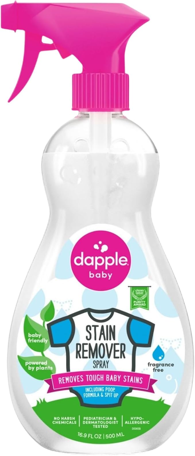 DAPPLE Stain Remover Spray, Plant-Based, Fragrance Free, 16.9 Ounce Spray Bottle, Hypoallergenic, Baby Laundry Stain Remover for Clothes & Cloth Diapers