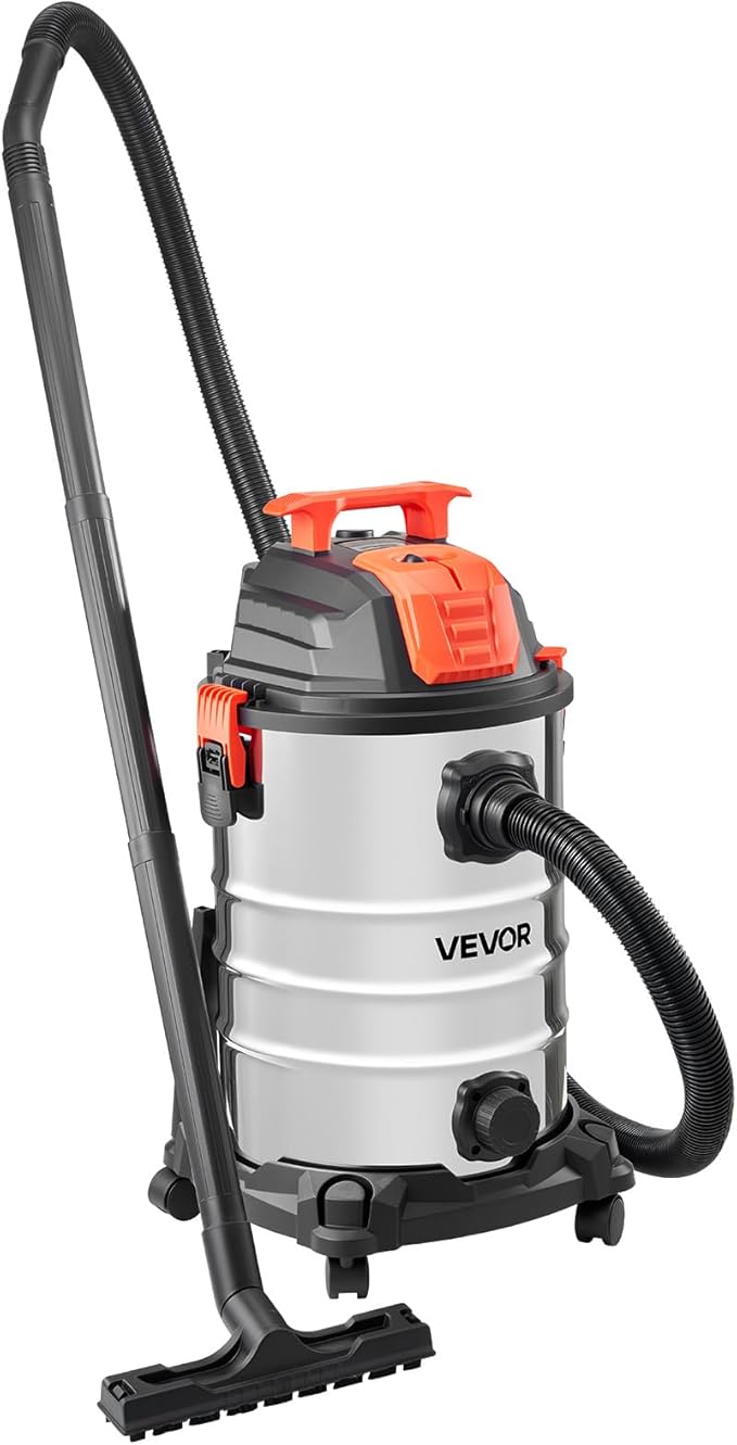 VEVOR Shop Vac, 8 Gallon Wet Dry Shop Vacuum, 6 Peak HP with One-Button Self-Cleaning, Dual-Filter, 900W Input Power, 1.25in x 7ft Hose, 9.8ft Cord, Metal Tank for Jobsite, Workshop, Garage, Home