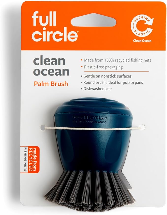 Full Circle Clean Ocean Palm Brush for Cleaning Dishes, Pots, and Pans, Comfortable Handle, Sustainably Made 100% From Recycled Ghost Fishing Nets, Safe for Nonstick