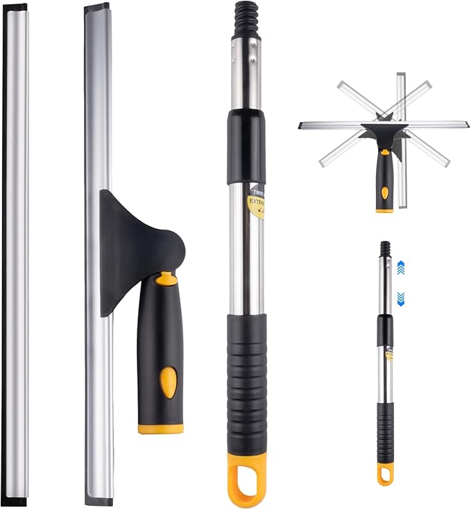 ITTAHO 14" Window Cleaning Tool, All-Purpose Extendable Window Squeegee with 2 Blades and Stainless Steel Pole, Shower Squeegee for Glass Doors,Shower Doors, Windows, Bathroom and Car Windshields