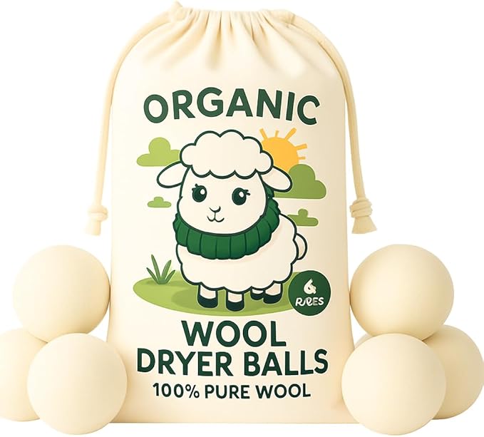 Organic Wool Dryer Balls 6 Pack – 100% Organic Fabric Softener, Reusable Dryer Ball Set for Reducing Wrinkles and Static, Hand-Felted, Hypoallergenic. Dryer Sheets Alternative. Size XL