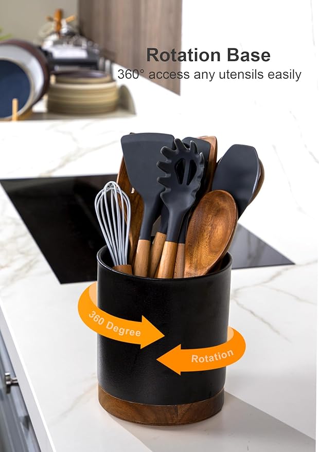 Nucookery 360°Rotating Utensil Holder, 7.2" Large Utensil Crock, White Ceramic Cooking Utensil Organizer,Farmhouse Kitchen Decor Christmas Thanksgiving Gift (Stone Black)