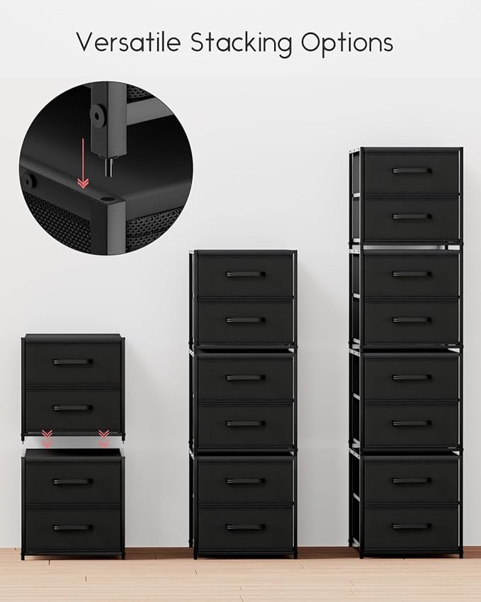 Homsorout Stackable Storage Drawers - 2 Tier Closet Drawers, Closet Organizer with Metal Handles, Night Stand with Collapsible Bins, Fabric Dresser for Bedroom, Dorm, Office, Black, 2 Pack
