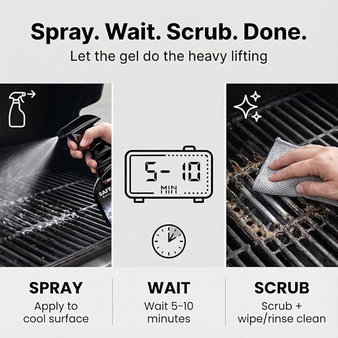 Kona Safe/Clean Grill Cleaner Spray, 23 oz + 6 Stainless Steel Scrub Cloths Bundle, No-Drip Gel Degreaser for Grill Grates, Griddles, Oven, Stainless Steel