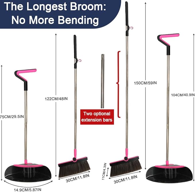Triangular Indoor Broom and Dustpan Comb Set, 180° Rotating, Soft Bristle Long Handle Upright Sweeping Angled Broom with Self-Cleaning Teeth for Home, Kitchen, Office, Wood Floor (Black Pink)