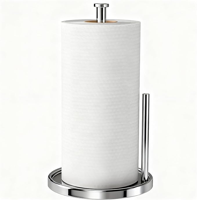 Paper Towel Holder Countertop, Standing Paper Roll Holder with Anti Slip Weighted Base, Stainless Steel Freestanding Paper Towel Holder for Kitchen, Chrome