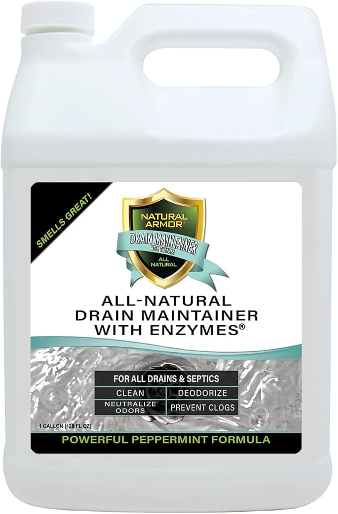 Natural Armor Enzyme Drain Maintainer - Gallon Drain Cleaner with Natural Enzyme Power to Prevent Buildup & Odors - Safe for Sinks, Showers, Grease Traps & Septic - Non-Toxic Formula, 128 fl oz