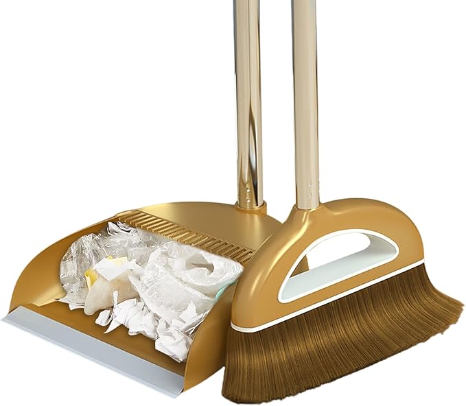 Broom and Dustpan Set with Long Handle - Dust Broom and Dustpan Combo, Lightweight Robust Kitchen Brooms Dustpans, Ergonomic Duster Tool Cleaning Gadgets, for Home, Kitchen, Offices, Pet Hair, Gold