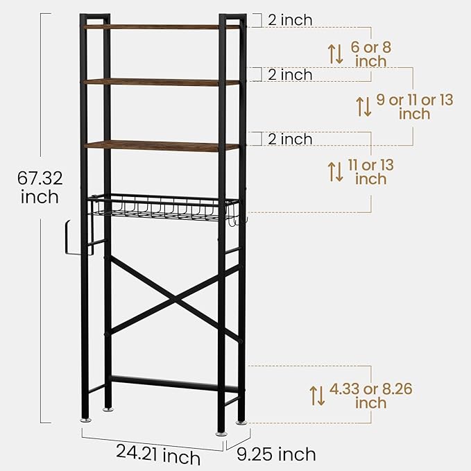 SwaaVee Over The Toilet Storage Cabinet, 4-Tier Bathroom Organizers and Storage with Adjustable Shelves, Freestanding Over-The-Toilet Shelf for Restroom, Laundry, Rustic Brown