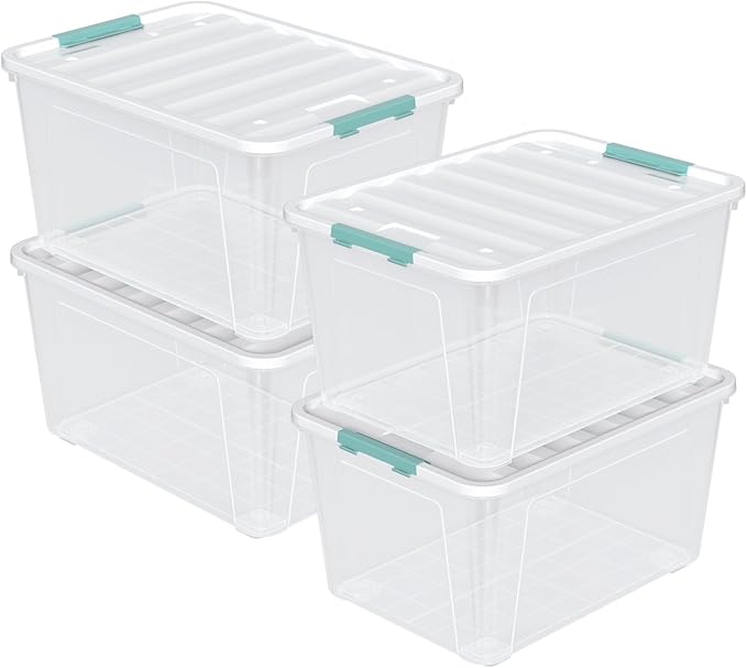Vababa 80 L Large Plastic Storage Tote with Latch Lids, 4-Pack Clear Plastic Storage Bin with Wheels