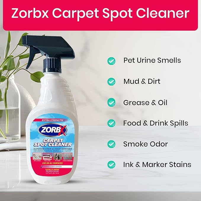 ZORBX Carpet Odor and Stain Remover Spray 24 oz - Perfect Addition to Cleaning Supplies - All-Purpose Carpet Spot Cleaner - Citrus Scented Pet Stain Remover - Fast-Acting Carpet Cleaner Solution