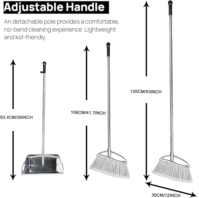 Outdoor Broom and Dustpan Comb Set,Heavy Duty Stainless Steel Metal Dust Pan with Long Handle Commercial Stiff Bristles Broom for Home Garage Garden Patio