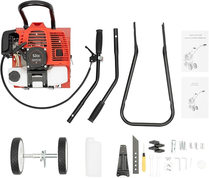 2 Stroke Tiller Cultivator, 52CC 1700W Gas Powered Garden Tiller Single Cylinder Air Cooled Tilling Machine Infinite Speed Regulation Rototiller w/4 Blades&0.22Gal Fuel Tank for Cultivation Ploughing