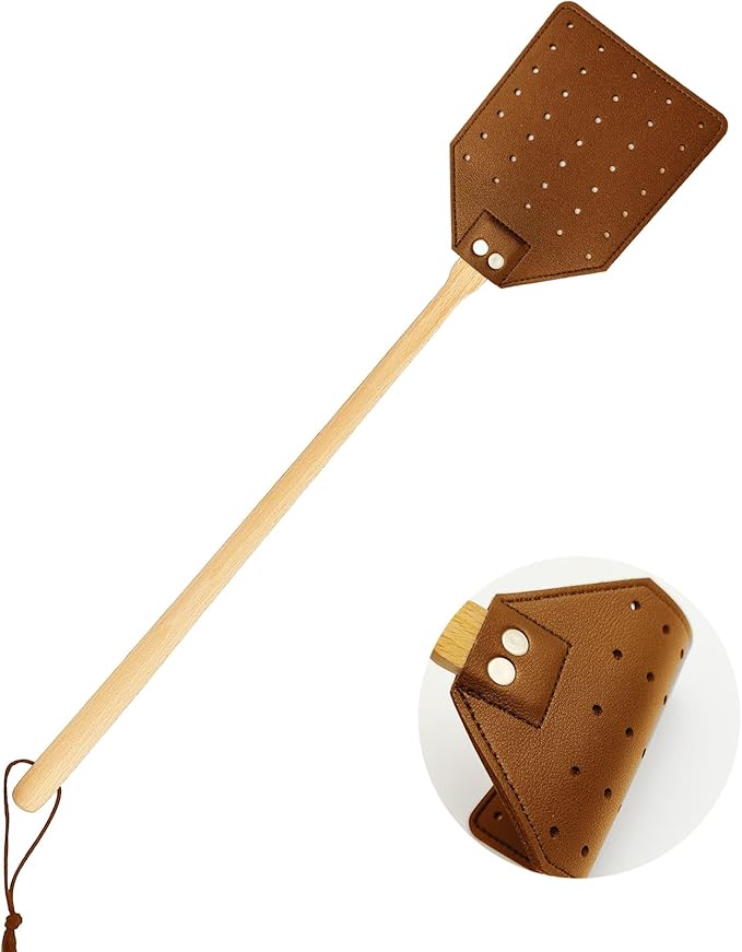 Heavy Duty Leather Fly Swatter, Long Handle Fly Swatter with Beech Wood Handle 19.7" Length, Flyswatter for Indoor and Outdoor (Brown)