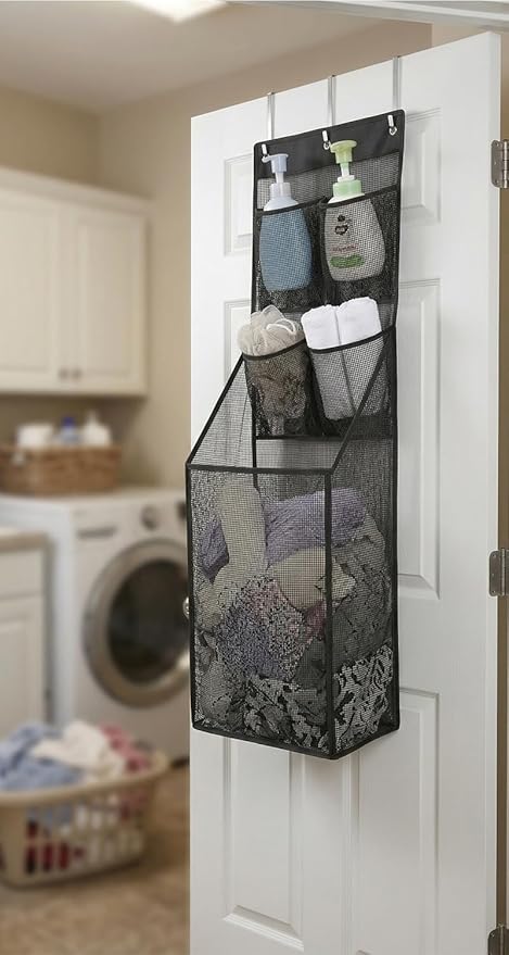 ALYER Multifunctional Over The Door Laundry Basket,Behind The Door Storage Organizer for Laundry,RV,Dorm,Bathroom,Bedroom,Pantry, Nursery,Kitchen,Black