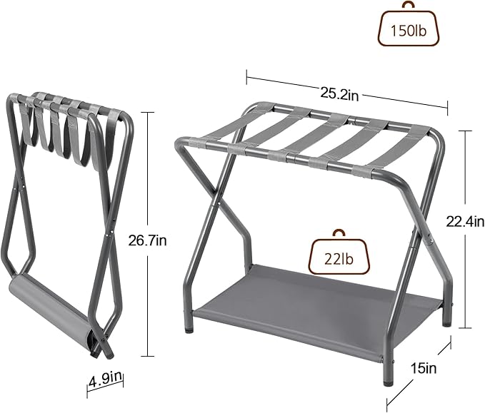AMHANCIBLE Luggage Rack, Set of 2, Foldable Suitcase Stands for Guest Room, Metal Luggage Holder with Storage Shelf for Bedroom, Hotel, Easy Assemble, HLR02GY