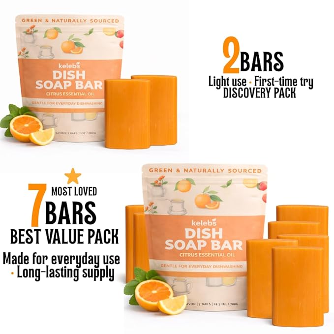 KELEBS 2 Dish Soap Bars | Citrus Essential Oil Formula | Natural & Organic Ingredients | Gentle on Hands | For Plant-Based Kitchens & Light Dishwashing | Biodegradable | No Overpour | Value Pack