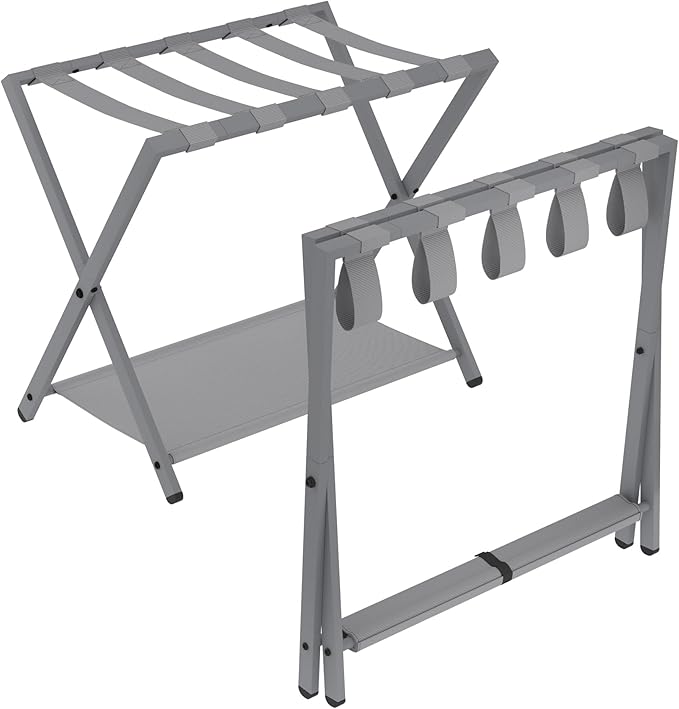 Hzuaneri Luggage Rack, Folding Suitcase Stand for Guest, Foldable, Luggage Holders with Shelf, Steel Frame with Nylon Straps for Bedroom, Hotel, Holds up to 154 lb, Grey, 2 Pack LR03999G