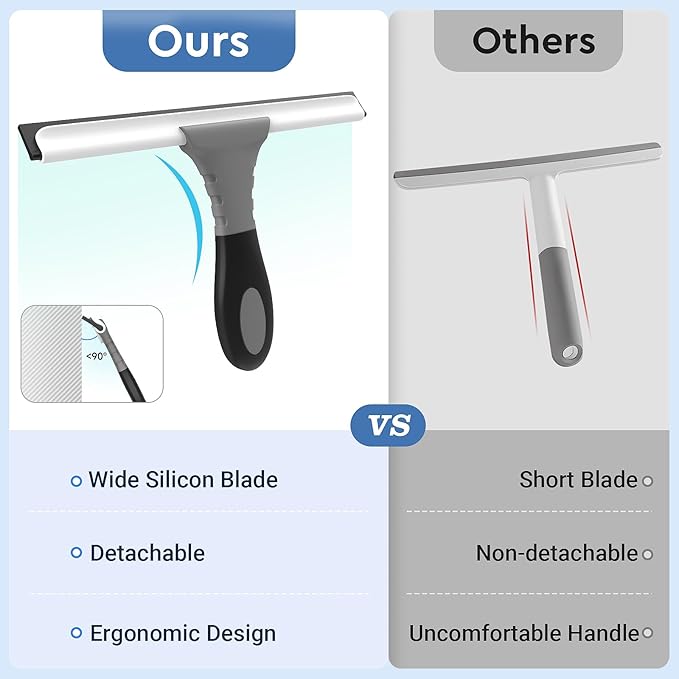 All-Purpose Silicone Shower Squeegee for Glass, Window, Door, Mirror, Car Windshield & Tile Wall, Portable Cleaner Tools, Includes One Hook & One Adhesive,10 Inches (Gray)