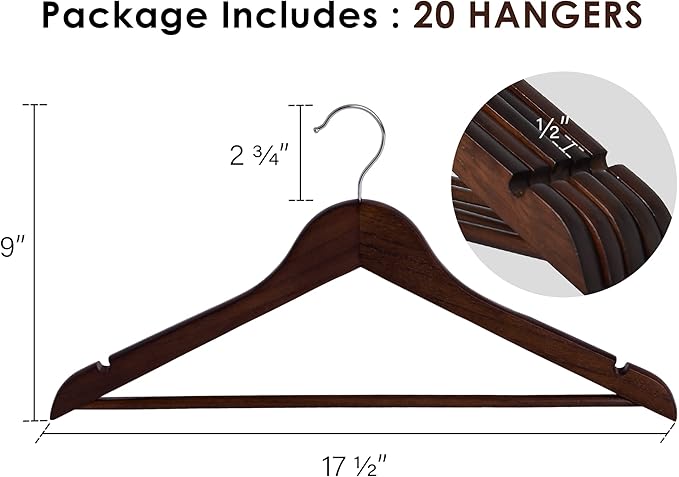 StorageWorks Wooden Hangers 20 Pack, Wood Coat Hangers for Closet, Heavy Duty Clothes Hangers for Suits, Shirts, Pants, Jackets, Walnut Color