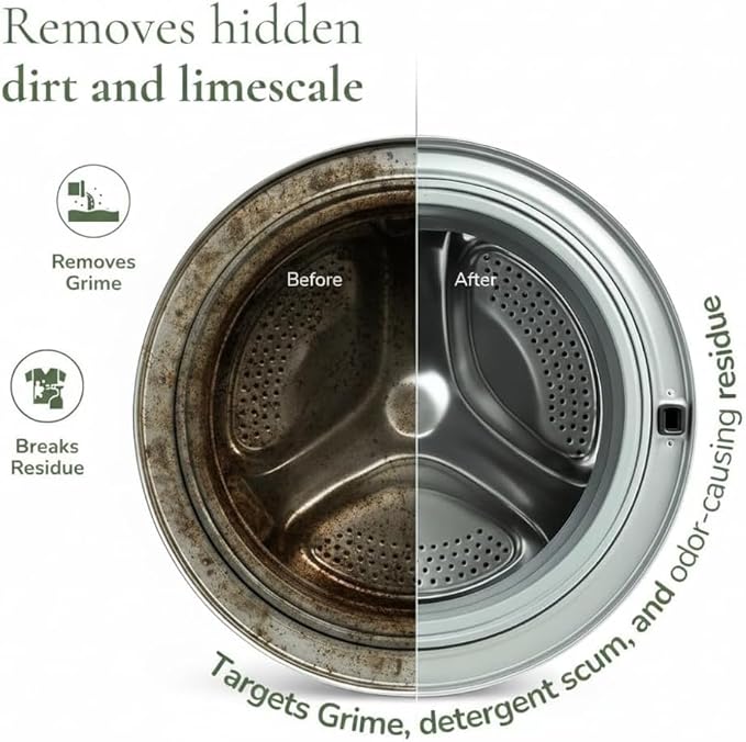 Washing Machine Cleaning Tablets, 32 Count, Lemon Scent – Deep Clean Descaler for Front & Top Load Washers, Removes Odor, Dirt & Limescale From Drum & Rubber Tub Sealing, Pet & Septic Safe