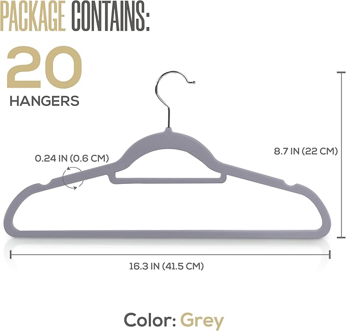 Utopia Home Premium Velvet Hangers 20 Pack - Non-Slip Clothes Hanger with Tie Bar - Grey Hangers with 360 Degree Rotatable Hook - Heavy Duty Coat Hanger