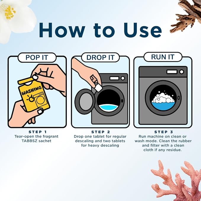 Washing Machine Descaler Tablets | Eco-Friendly & Non-Toxic Plant-Based Descaling Formula | 10X Deep Cleaning | Protects Drum & Removes Limescale | Jasmine - Pack of 6